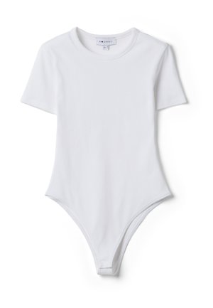 Body a maniche corte bianche a costine con scollo rotondo e chiusura a scatto all'altezza dell'inguine, con etichetta recante la scritta "B Angel".