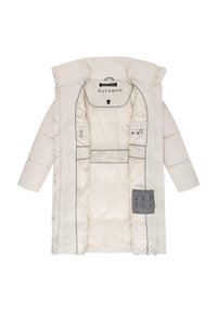 White puffer coat with a large hood, snap buttons, interior pockets, and gray piping. Lining is smooth with care instruction tag on the inside.