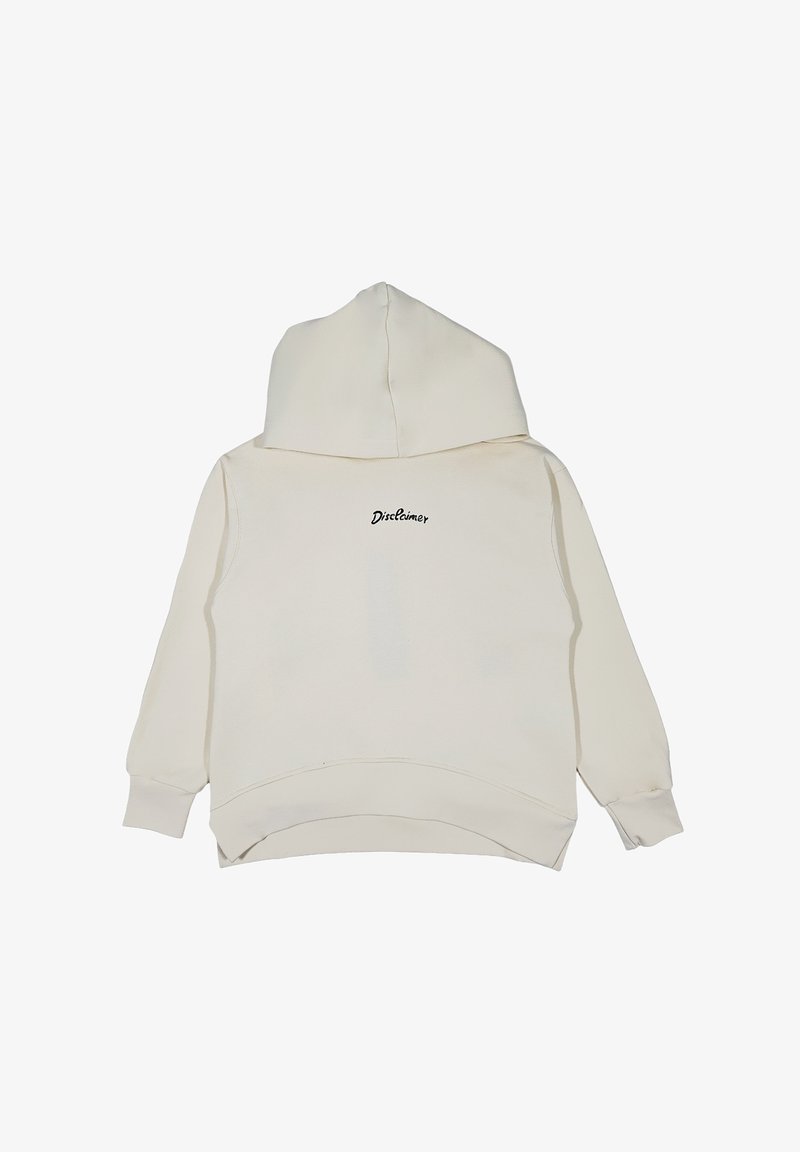 Felpa con cappuccio in crema chiaro, con cappuccio, maniche lunghe e orlo curvo. Logo "Disclaimer" in nero sulla parte posteriore. Texture morbida.