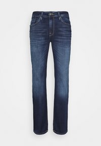 Jean en denim droit bleu foncé avec délavage sur les cuisses et les genoux, fermeture à bouton à l'avant et design à cinq poches.