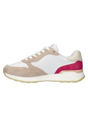Sneaker with a mix of beige suede and white synthetic upper, featuring pink accents on the heel and tongue. Rubber outsole with textured grip.