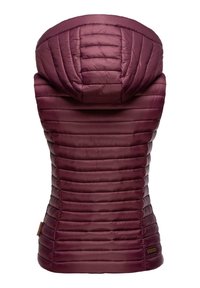 Gilet trapuntato senza maniche di colore viola scuro con cappuccio, cuciture orizzontali e dettaglio in vita aderente, mostrato da dietro.
