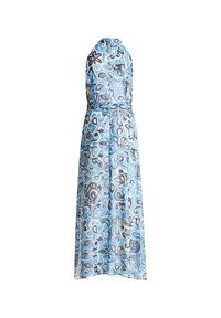 Maxi jurk in blauw en grijs bloemenpatroon. Mouwloos ontwerp, taille omgesnoerd, vloeiende rok, lichtgewicht stof met een gladde textuur.