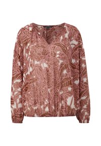 Langarmblouse van lichte stof met een bloemmotief in bordeauxrood en roze. Heeft een V-hals en geplooide elastische manchetten.