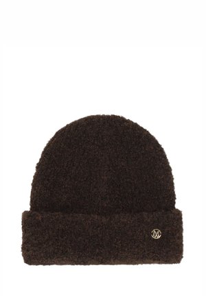 Bruine gebreide beanie van een zachte, gestructureerde stof. Heeft een omgeslagen rand en een klein gouden logoaccent aan de zijkant.