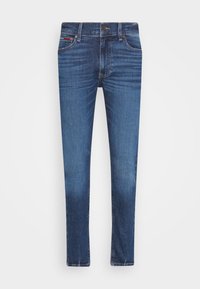 Jeans de mezclilla azul oscuro con un corte slim, que cuentan con un cierre frontal de botón, cinco bolsillos y costuras tonales. Desgaste ligero cerca de las rodillas.