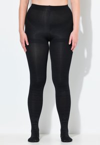 Leggings neri realizzati in un tessuto elastico, con un motivo testurizzato lungo le gambe inferiori e una cintura alta e larga.