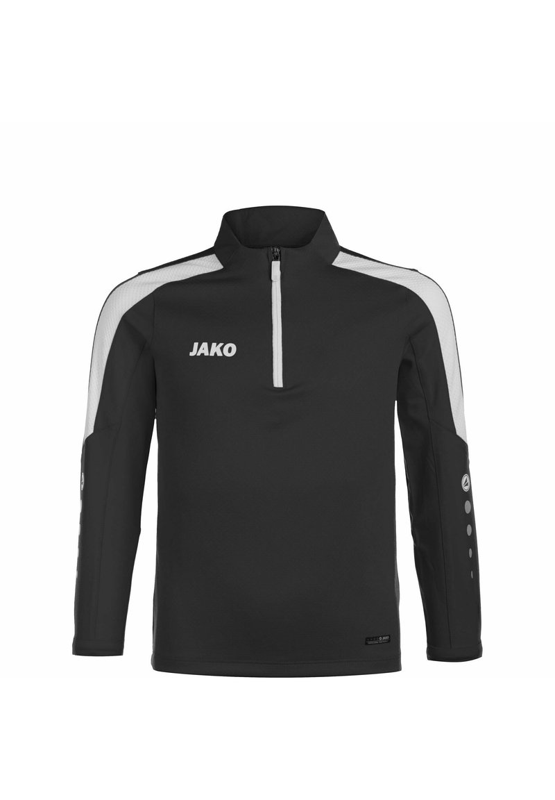 Schwarze Sportjacke mit halbem Reißverschluss, weißen Akzenten an den Schultern, Logo auf der Brust und Druckknöpfen an den Ärmeln. Hergestellt aus weichem, atmungsaktivem Material.