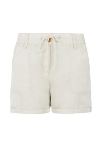 Lichtbeige katoenen shorts met een trekkoord in de taille, twee frontzakken, opgerolde mouwen en stikseldetails. Glad textuur, casual pasvorm.
