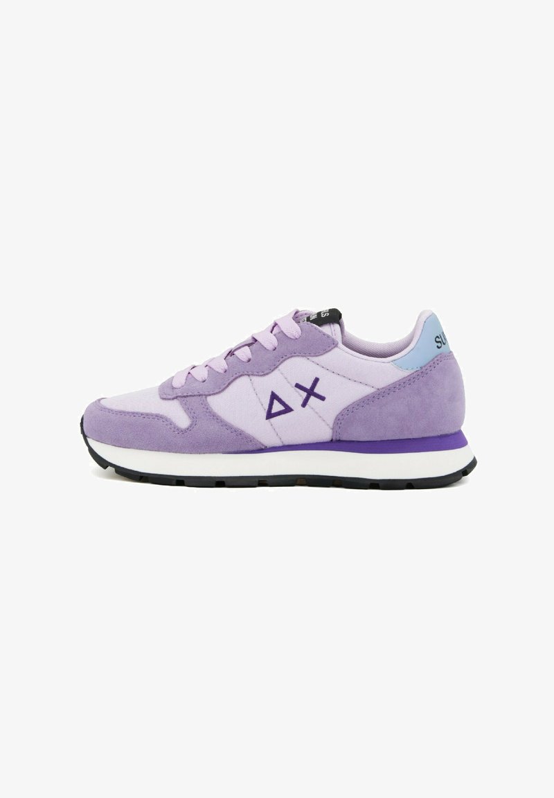 Purple suede sneakers with a white midsole, black outsole, and light blue accents. Features laces and an emblem on the side.
