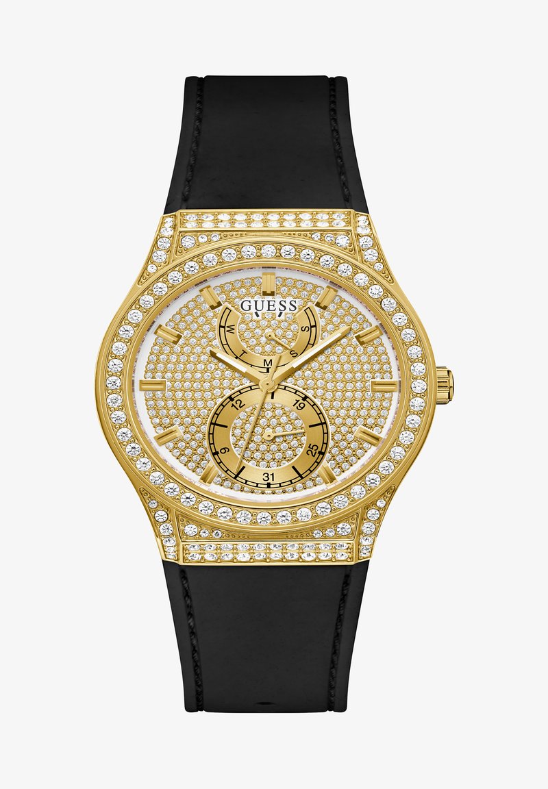 Goldfarbener Uhr mit einem diamantenbesetzten Ziffernblatt, schwarzem Silikonband und zwei Zifferblättern zur Anzeige von Uhrzeit und Datum.