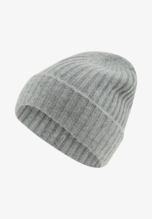 Berretto in maglia grigia con una texture a coste, crown arrotondata e orlo piegato. Realizzato in materiale morbido e caldo, adatto per il clima freddo.