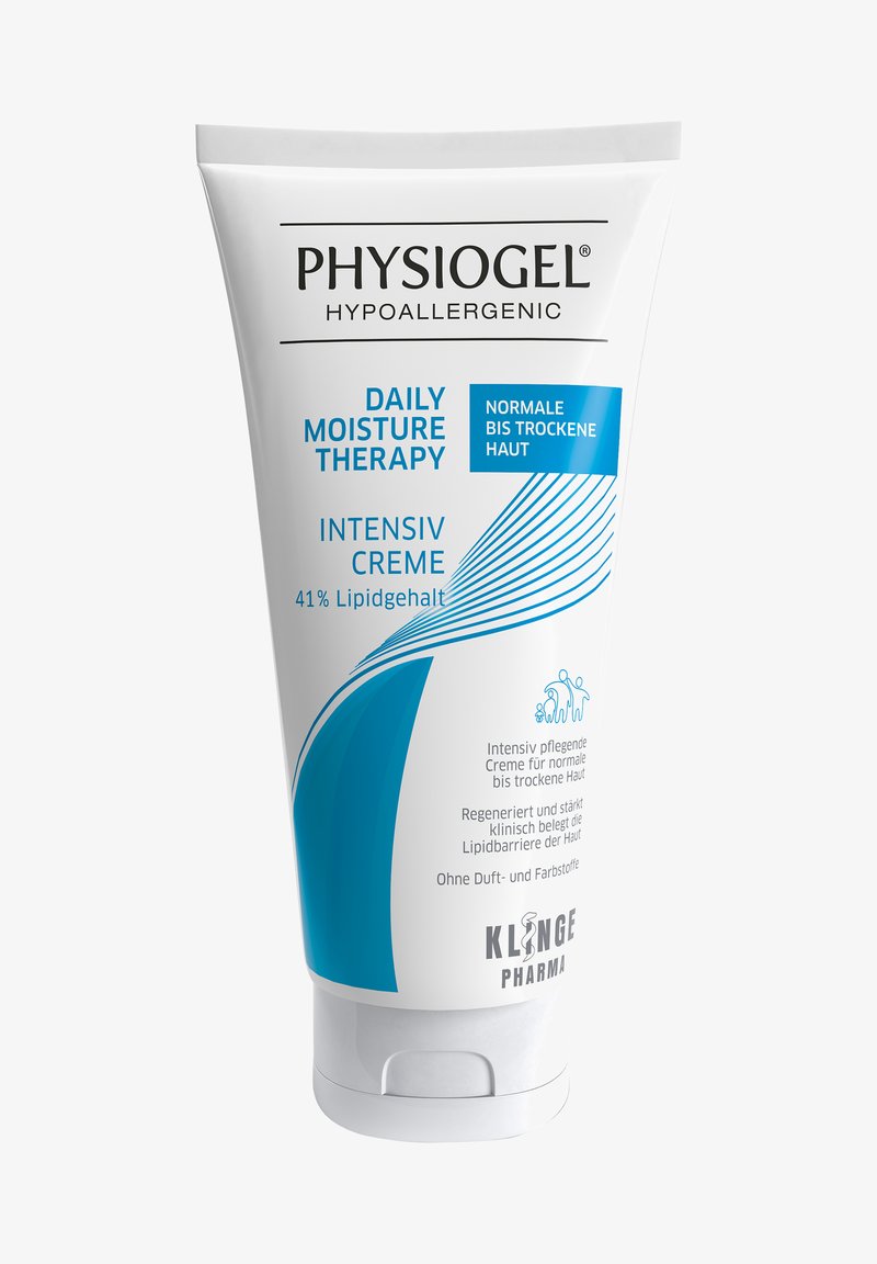 Weißes Kunststoffrohr für Creme, zylindrische Form mit einen Klappdeckel. Enthält blaue Texte und Grafiken, die die feuchtigkeitsspendende Behandlung hervorheben.