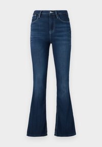 Jean flair taille haute en denim foncé. Dispose d'une fermeture à bouton et à glissière à l'avant, de passants de ceinture et d'une texture légèrement déchirée.