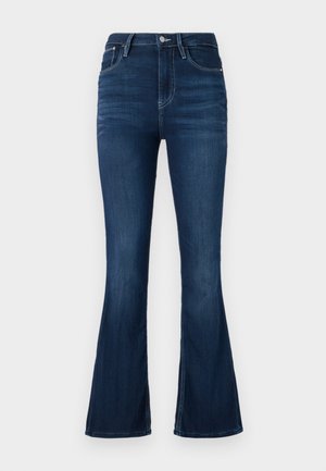 Korkeavyötäröiset levenevät farkut tummassa denimissä. Varustettu edessä napilla ja vetoketjulla, vyölenkeillä ja vähäisellä kulutetulla pinnalla.