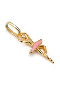 Złota zawieszka z tancerką baletową przedstawia różową tutu, pełną gracji pozę i szczegółowo wyrzeźbione kończyny. Projekt podkreśla elegancję i wyrazistość artystyczną.