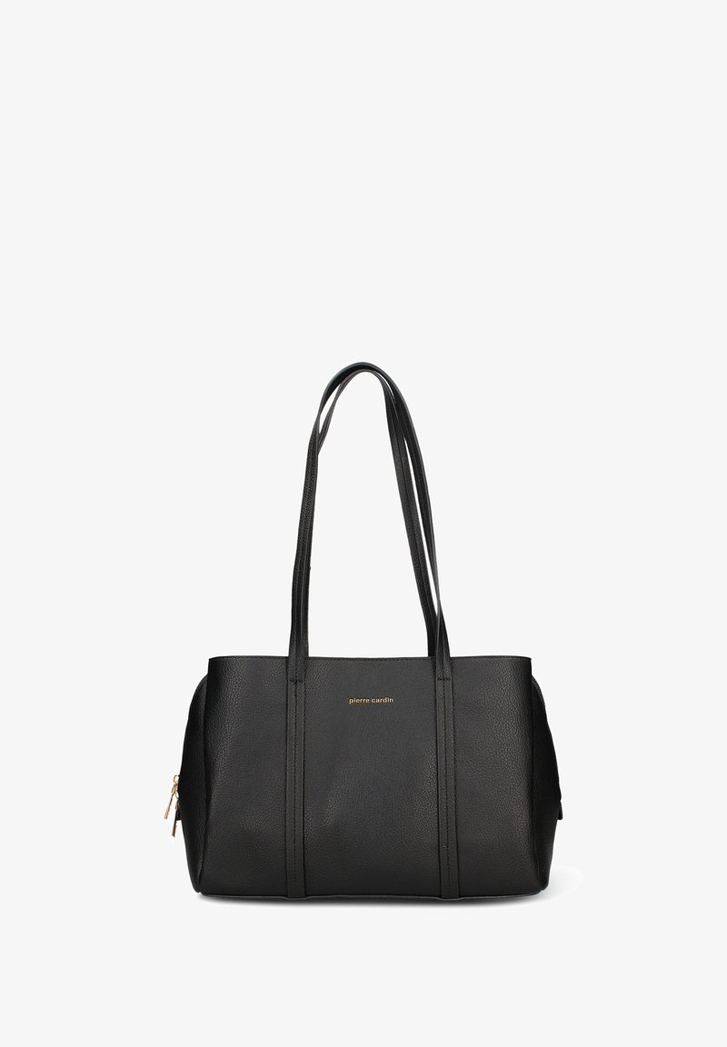 Borsa tote in pelle nera con due manici lunghi, tasca laterale con cerniera, superficie testurizzata e logo del marchio dorato sul davanti.