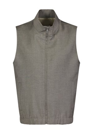 Grijze mouwloze bodywarmer met een hoge kraag, ritssluiting aan de voorkant en zijzakken. Soepele textuur met een subtiel geweven patroon over het gehele oppervlak.