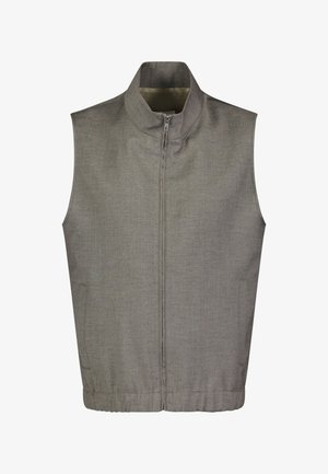Grijze mouwloze bodywarmer met een hoge kraag, ritssluiting aan de voorkant en zijzakken. Soepele textuur met een subtiel geweven patroon over het gehele oppervlak.