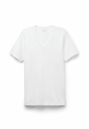 Bílý v-krkový tričko vyrobené z prémiové bavlny, s krátkými rukávy a standardním střihem, s pečlivým šitím podél výstřihu a lemů.
