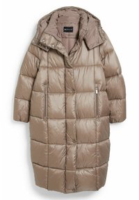 Polstret parka i lys brun med hætte, struktureret quiltet design, to lynlåslommer og trykknaplukning foran.