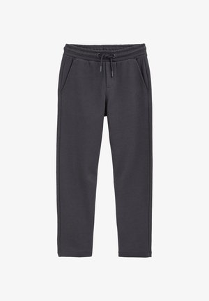 Grafitno sivi trenirki iz mehkega materiala, z elastičnim pasom in vrvico, dvema stranskima žepoma in ravnimi hlačnicami.