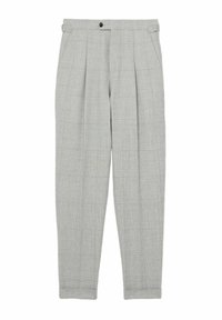 Light gray pleated trousers with a checked pattern, made of textured fabric. Features a button closure and cuffed ankles.