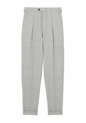 Pantaloni plisati gri deschis, cu un model în carouri, confecționați dintr-un material texturat. Au o închidere cu nasture și glezne cu mansete.