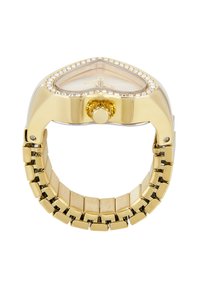 Montre à quartz avec un boîtier en forme de cœur en ton or, accents en cristal autour de la lunette, et un bracelet en métal doré avec des maillons rectangulaires.