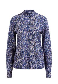 Blouse à manches longues en bleu marine, avec un motif floral aux nuances de violet, blanc et bleu, un col mandarin et des fermetures à boutons.