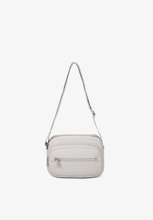 Small white crossbody bag with adjustable strap, two zippered compartments, and silver hardware details.