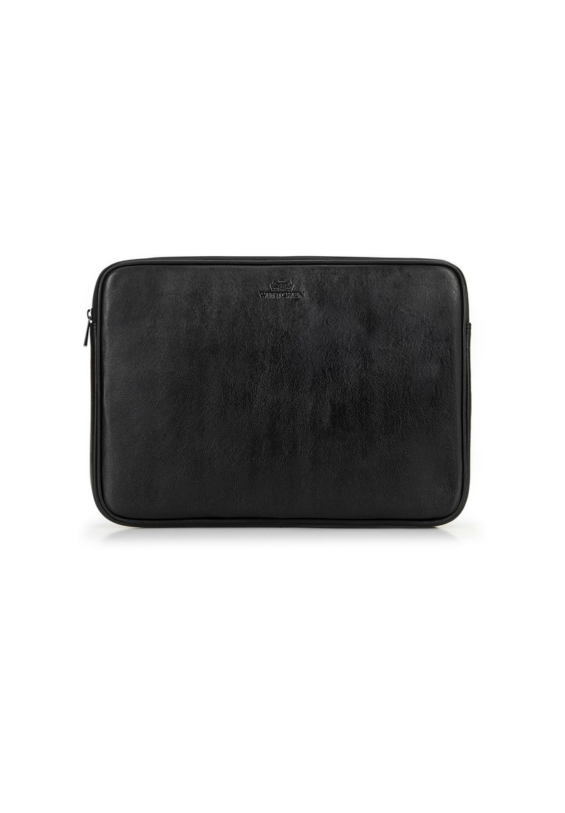 Custodia per laptop in pelle nera con una texture liscia, forma rettangolare, chiusura con zip e un piccolo logo impresso sulla parte anteriore.