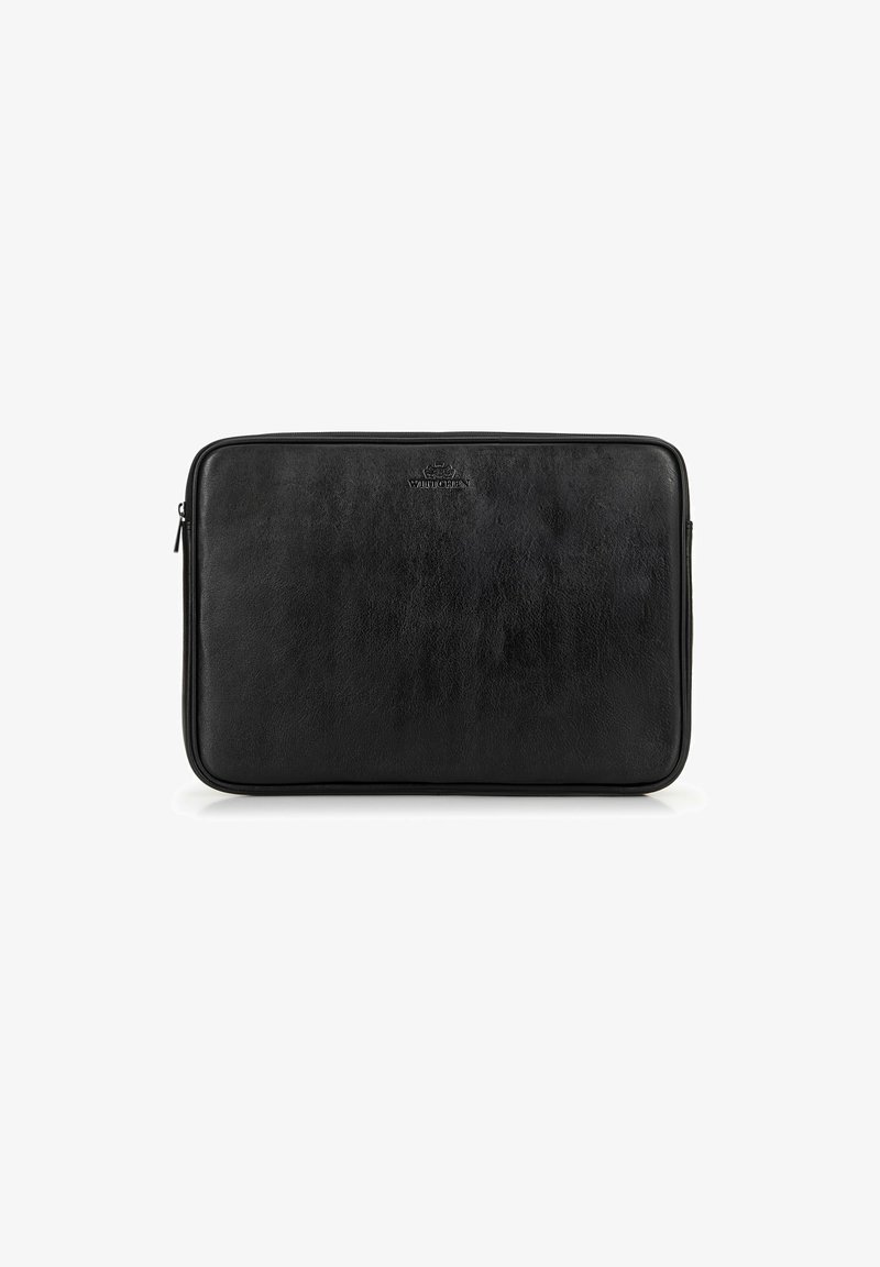 Custodia per laptop in pelle nera con una texture liscia, forma rettangolare, chiusura con zip e un piccolo logo impresso sulla parte anteriore.