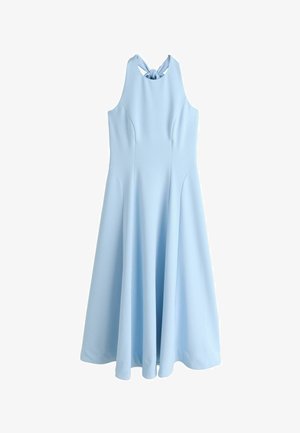 Hellblaues ärmelloses Kleid mit Neckholder-Ausschnitt, der zu einer Schleife gebunden ist, tailliertem Oberteil und ausgestelltem, fließendem Midirock.