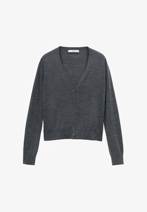 Šedý cardigan s dlouhým rukávem a výstřihem do V, se šesti knoflíky vpředu. Vyrobeno z měkkého materiálu s mírně přiléhavým střihem.