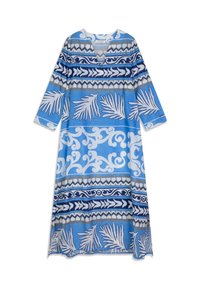 Robe à motifs bleus et blancs avec un col en V, des manches longues, et divers motifs graphiques, dont des feuilles et des vagues.