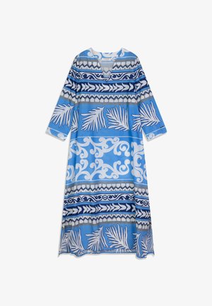 Vestido de patrón azul y blanco con escote en V, mangas largas y varios diseños gráficos, incluyendo motivos de hojas y ondas.