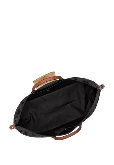 Schwarze Tragetasche mit braunen Ledergriffen; das Innere ist mit einem glatten schwarzen Stoff ausgekleidet. Verfügt über eine rechteckige Form und ein offenes Oberteil.