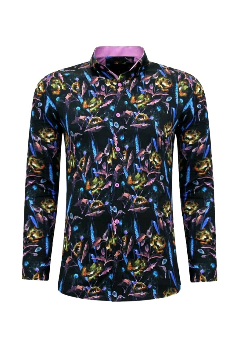 Zwart shirt met lange mouwen met een kleurrijk patroon van bloemen en veren, met paarse accenten op de kraag en knopen.