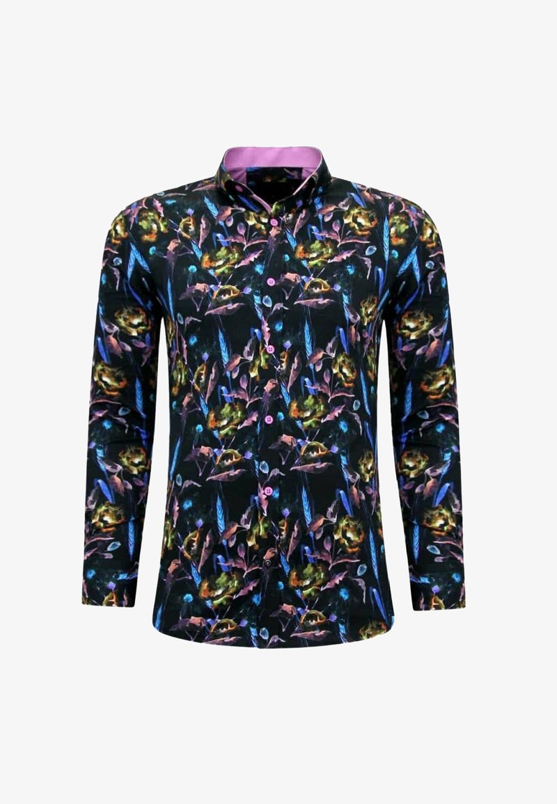 Zwart shirt met lange mouwen met een kleurrijk patroon van bloemen en veren, met paarse accenten op de kraag en knopen.