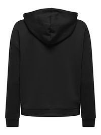 Sweat à capuche noir à manches longues avec capuche attachée, poignets et ourlet côtelés, montré de dos sur un fond blanc.