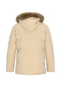 Beżowa kurtka puchowa z kapturem wykończonym sztucznym futerkiem, pikowanym wzorem, długimi rękawami oraz bocznymi kieszeniami. Wentylacyjny detal na lewym rękawie.