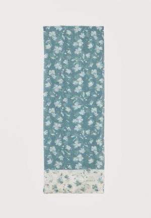 Sciarpa rettangolare blu con motivo floreale bianco e bordo bianco con piccoli fiori blu e il logo Furla.