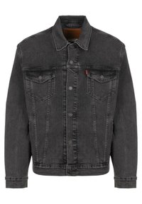 Černá džínová bunda s knoflíkovou zapínáním vpředu, dvěma náprsními kapsami s klopami a knoflíky a viditelnými švovými detaily.