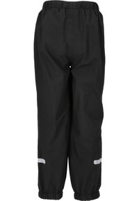 Schwarze wasserdichte Hose mit elastischem Bund, schmal zulaufenden Beinen und reflektierenden Akzenten. Glatte Textur und leichtes Design, geeignet für den Einsatz im Freien.
