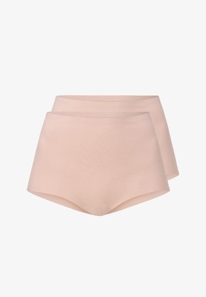 Majtki z wysokim stanem wykonane z miękkiego, gładkiego jasnoróżowego materiału. Charakteryzują się bezszwowym krojem i minimalną liczbą szwów dla komfortu. Przedstawiono dwa egzemplarze.