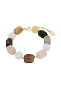 Bracciale di perline con un mix di pietre naturali in tonalità di marrone, nero e crema. Fibbia e prolunghe in ottone dorato.