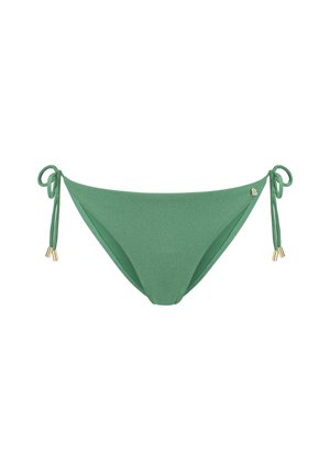 Parte inferiore di bikini verde con laccetti laterali regolabili. Realizzata in tessuto testurizzato. Dettagli in metallo dorato agli estremi dei laccetti. Design semplice.