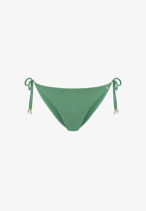 Parte inferiore di bikini verde con laccetti laterali regolabili. Realizzata in tessuto testurizzato. Dettagli in metallo dorato agli estremi dei laccetti. Design semplice.