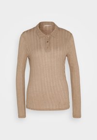 Pitkähihainen, beige poolopaita, joka on valmistettu ribattua kangasta. Paidassa on kaulus, kolme nappia kaulalla ja se on vartalonmyötäinen.